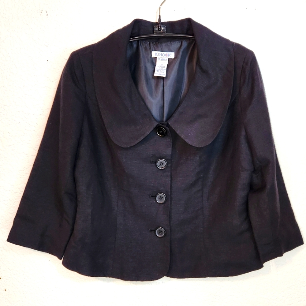 JG Hook Vintage Elegant Black Linen Blend Blazer w/ 3/4 Sleeves‎ & Button Detail